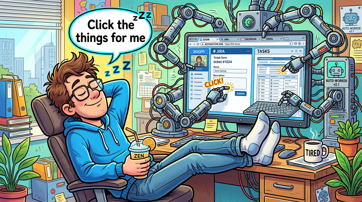 Developer relaxing while robot arms click through browser tabs