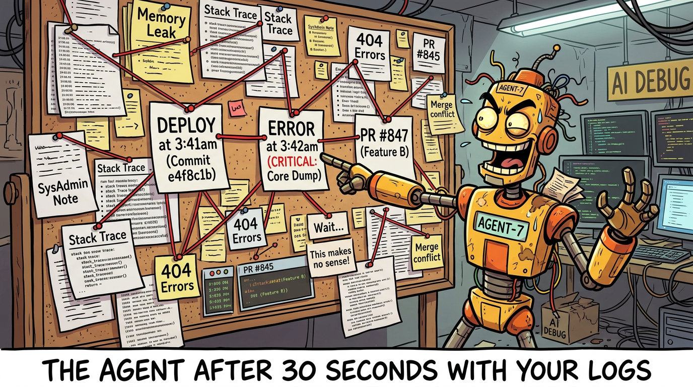 The agent after 30 seconds with your logs - robot at conspiracy board connecting deploys to errors