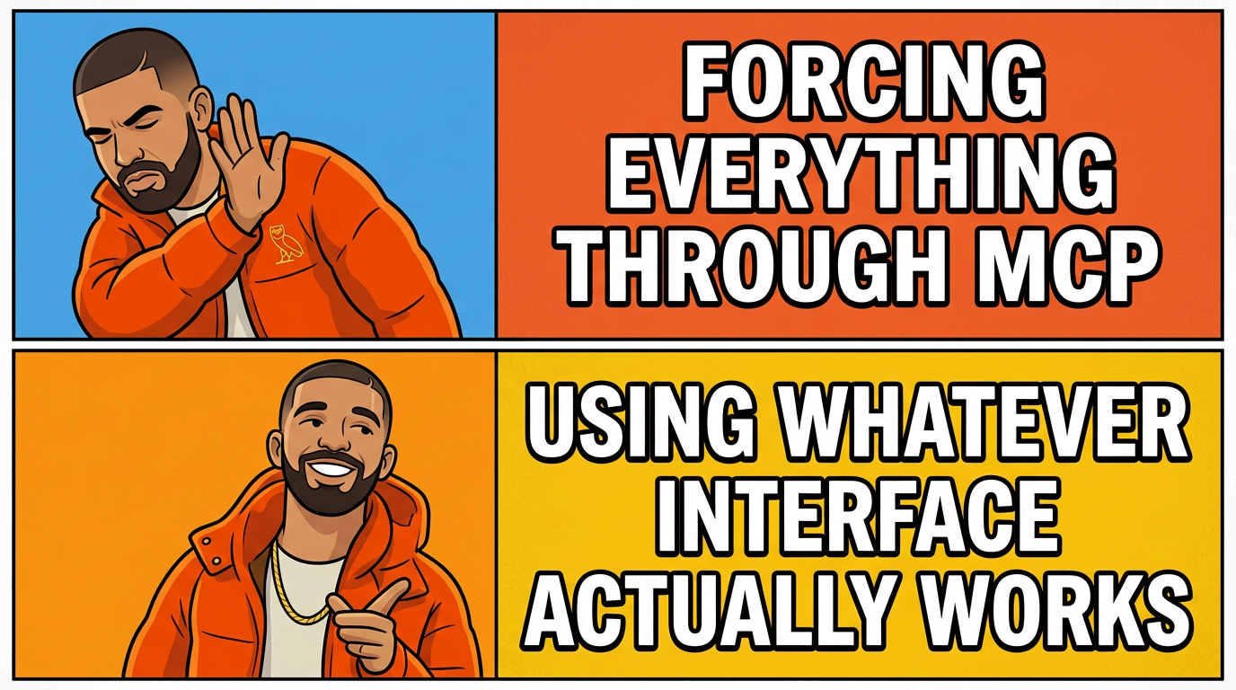 Drake meme: forcing everything through MCP vs using whatever interface actually works