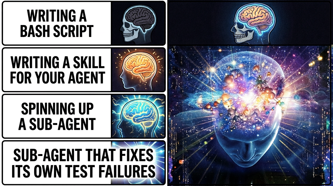 Galaxy brain meme: bash script -> skill -> sub-agent -> sub-agent that fixes its own test failures