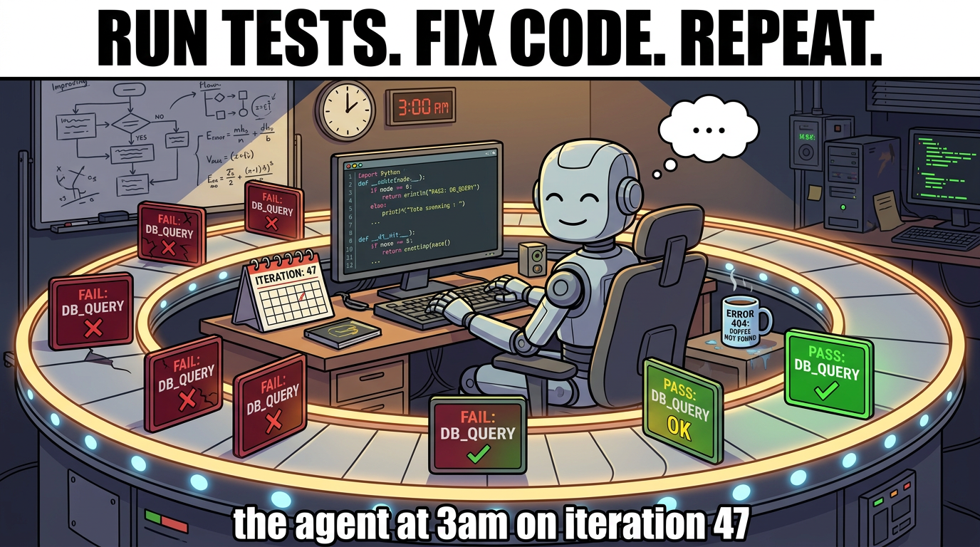 Robot calmly sitting at desk surrounded by a conveyor belt of test results going from red to green - the agent at 3am on iteration 47