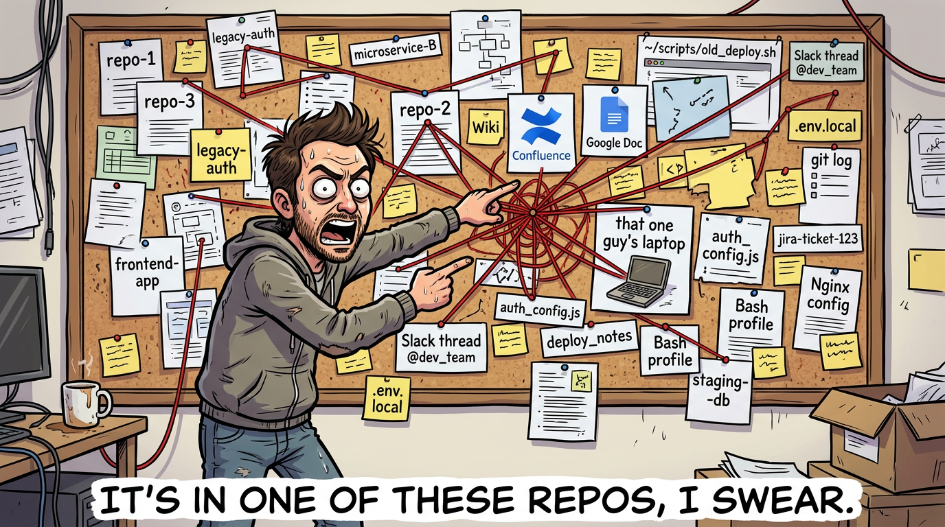 Pepe Silvia conspiracy board meme but with repos, wikis, and config files connected by red string