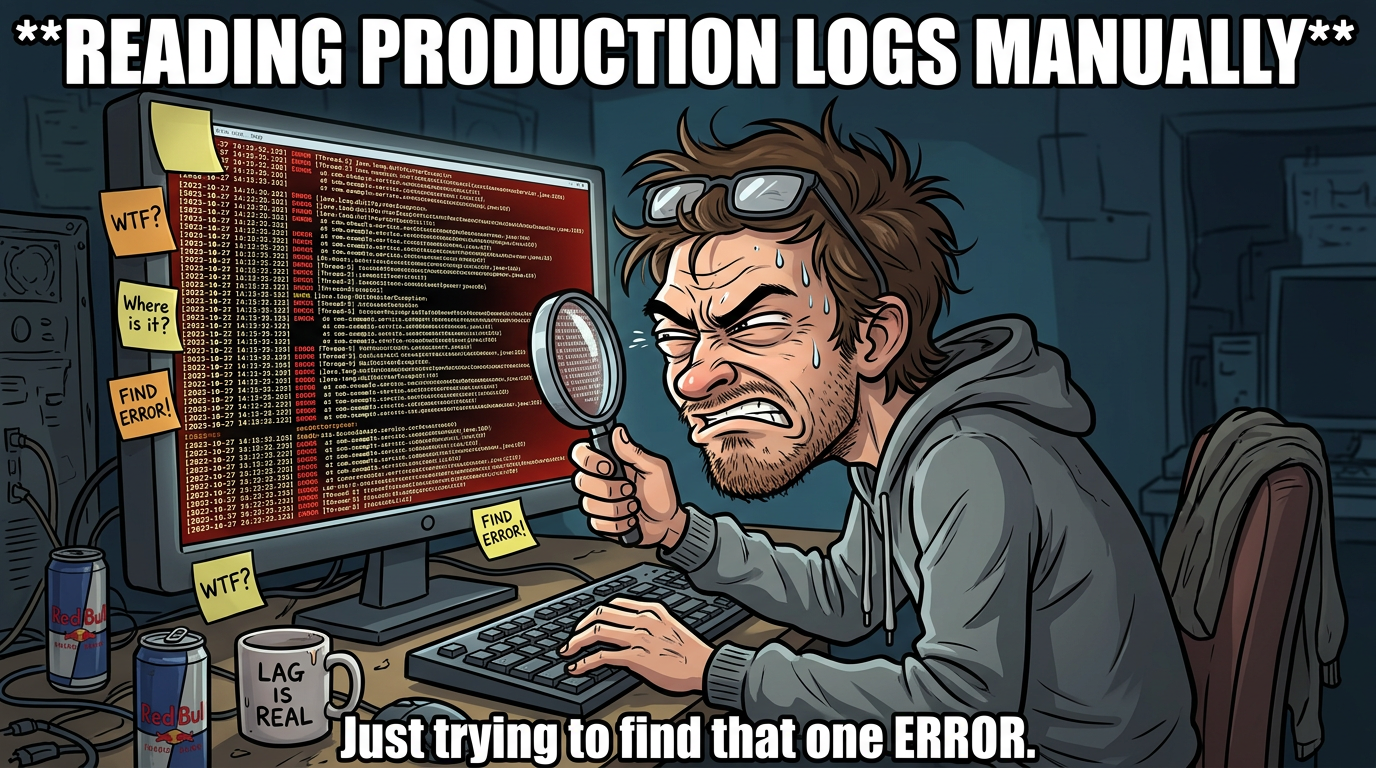 Reading production logs manually - squinting at screen with magnifying glass