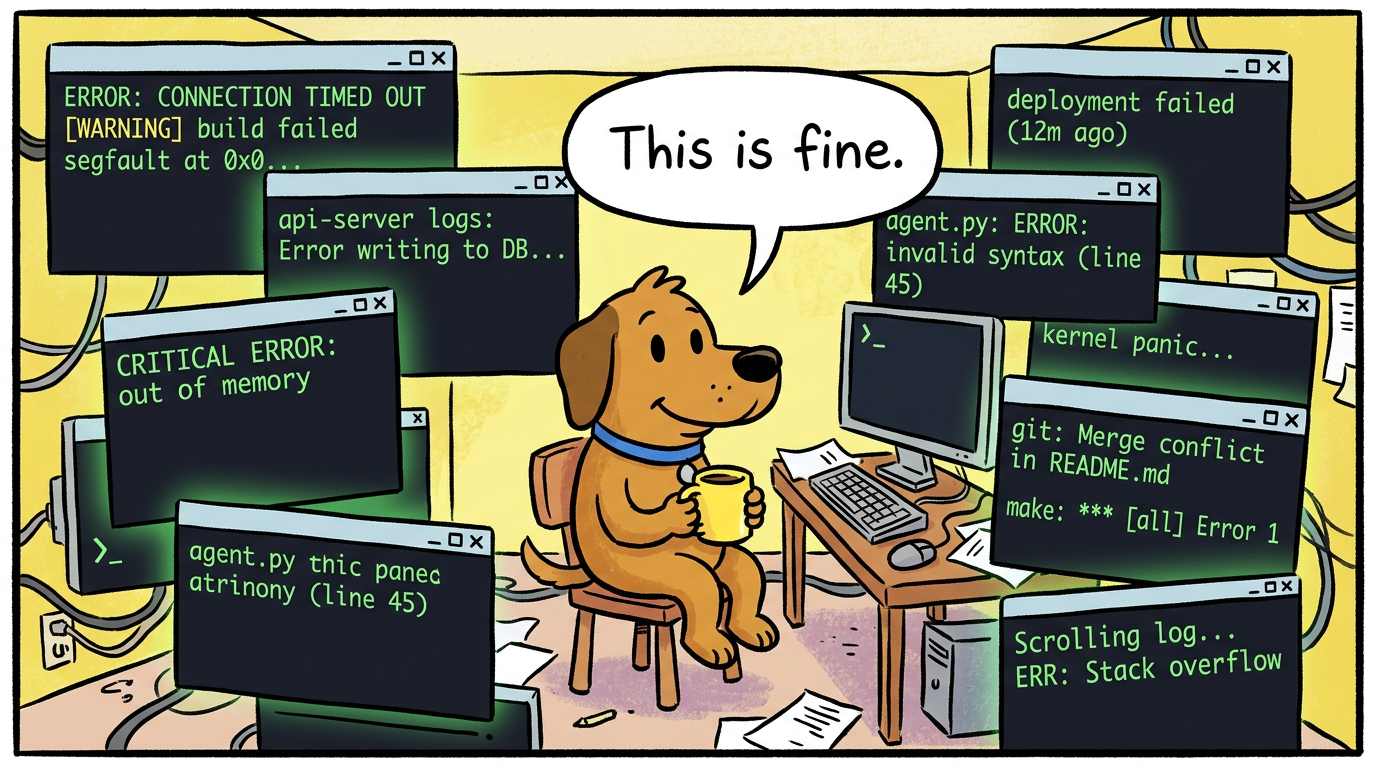 This is fine meme but the room is filled with 8 terminal windows showing errors