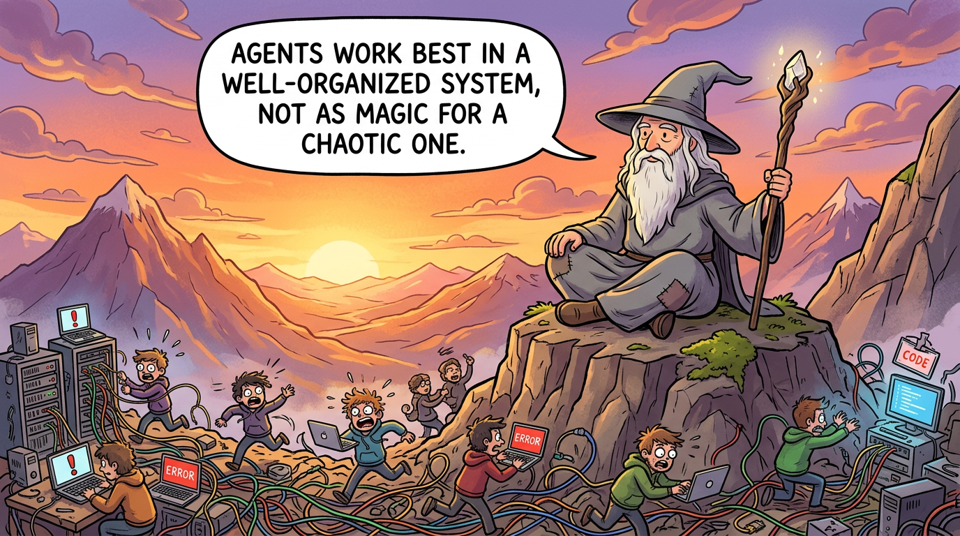Gandalf-like wizard on mountaintop saying agents work best in a well-organized system